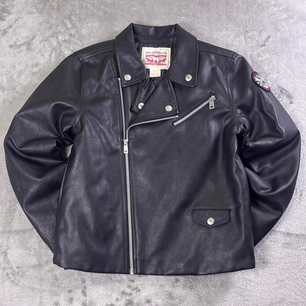 Levi’s Women’s Large Black Faux Leather Cropped Moto Biker Jacket Embroidered